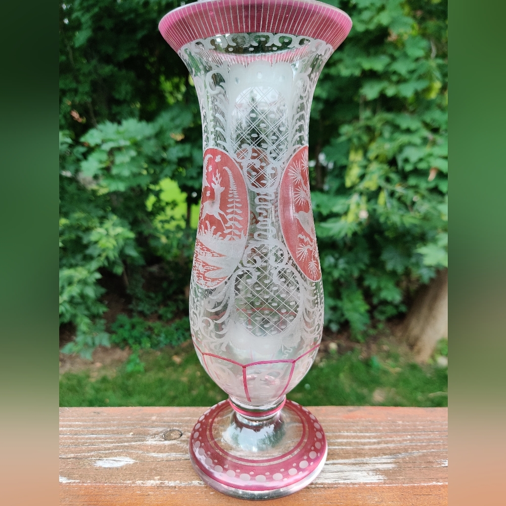 Antique Bohemian Vase Cranberry Red to Clear Cut Etched Motifs